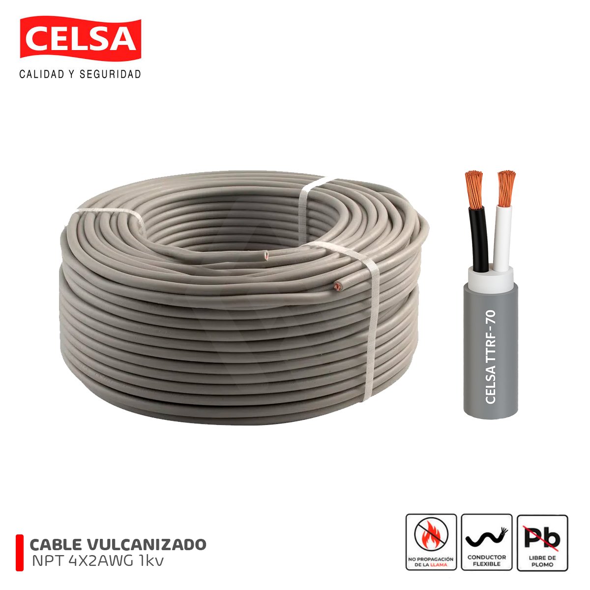 Cable Vulcanizado TTRF-70 4X2AWG 1kV Celsa