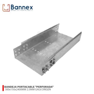 BANDEJA PORTACABLE «PERFORADA» 300x150x2400MM 2.5MM GALVANIZADO ORIGEN S/TAPA, UNION Y PERNERIA BANNEX